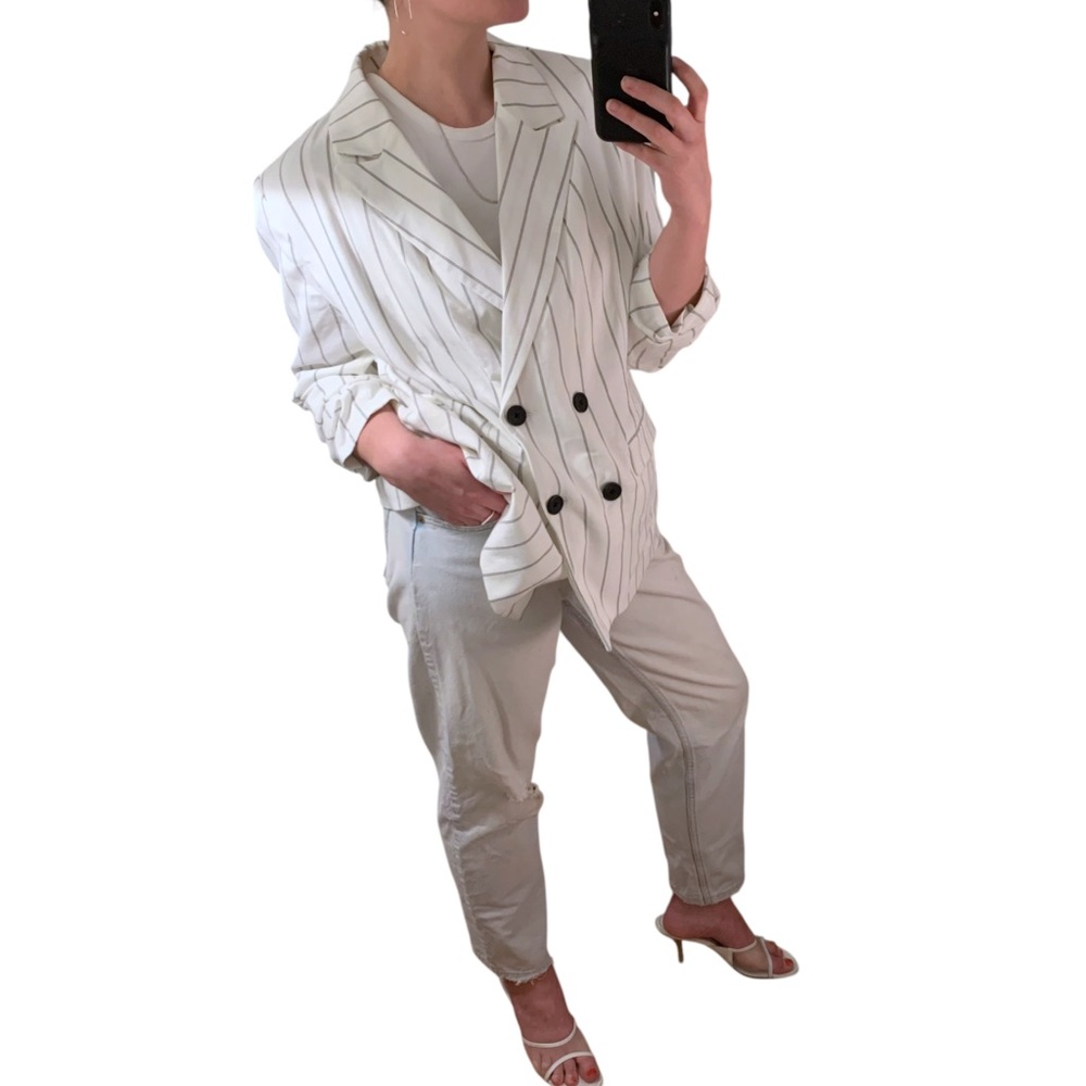 NWOT A NEW DAY 100% Cotton White Black Pinstripe Double Breasted Blazer - sz 16W - Picture 10 of 16